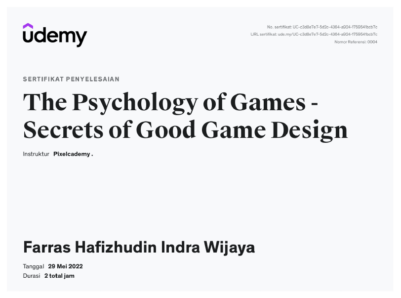 The Psychology of Games: Secrets of Good Game Design certificate